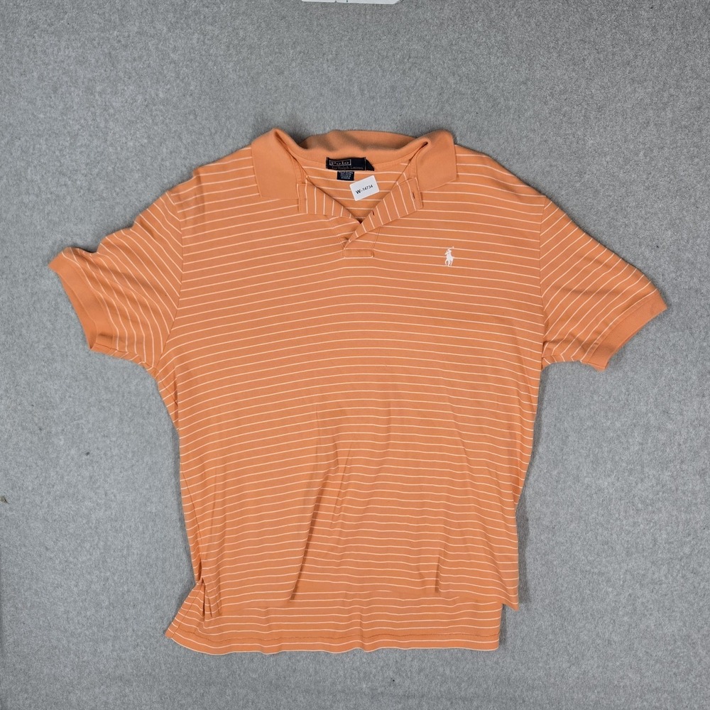 VINTAGE Polo Ralph Lauren Men Polo XL Orange Striped Logo Embroidered Collar